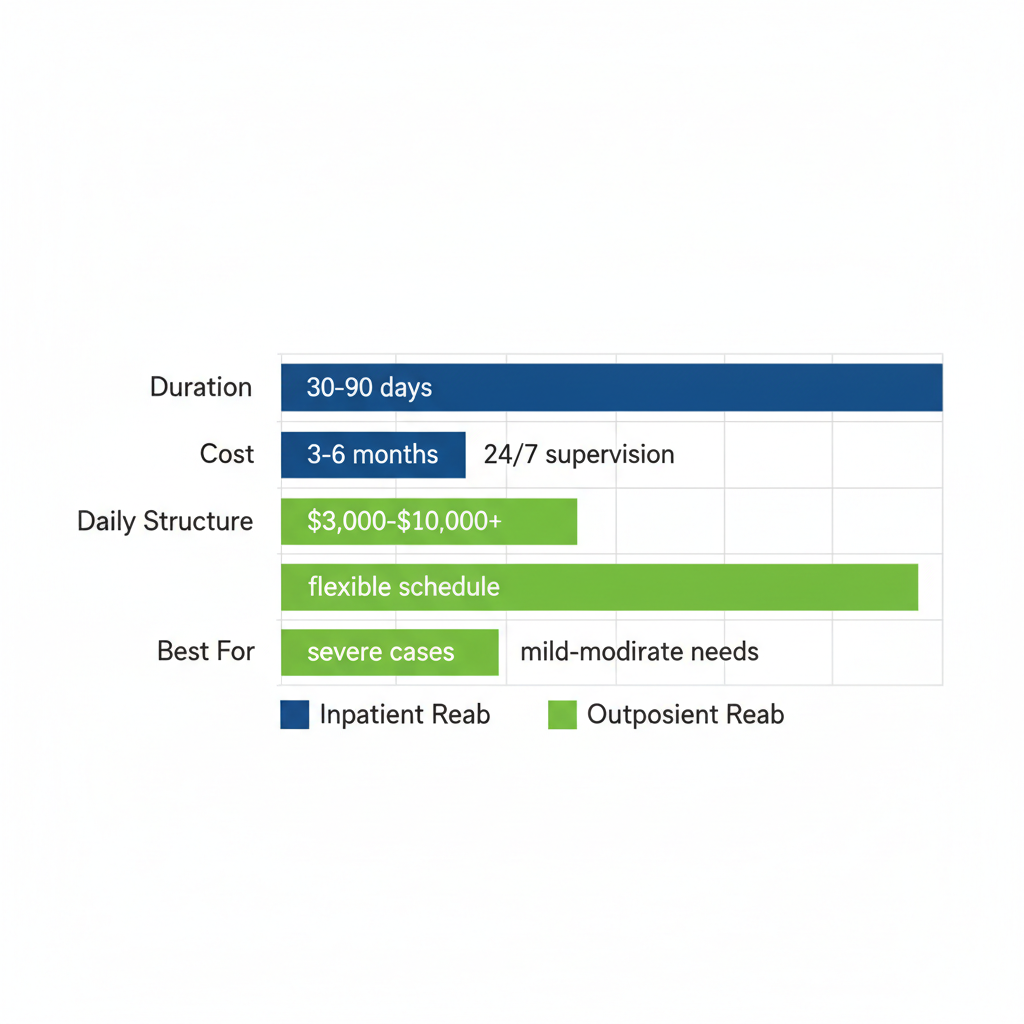 Horizontal bar chart comparing inpatient and outpatient rehab in Spokane by duration, cost, structure, and suitability