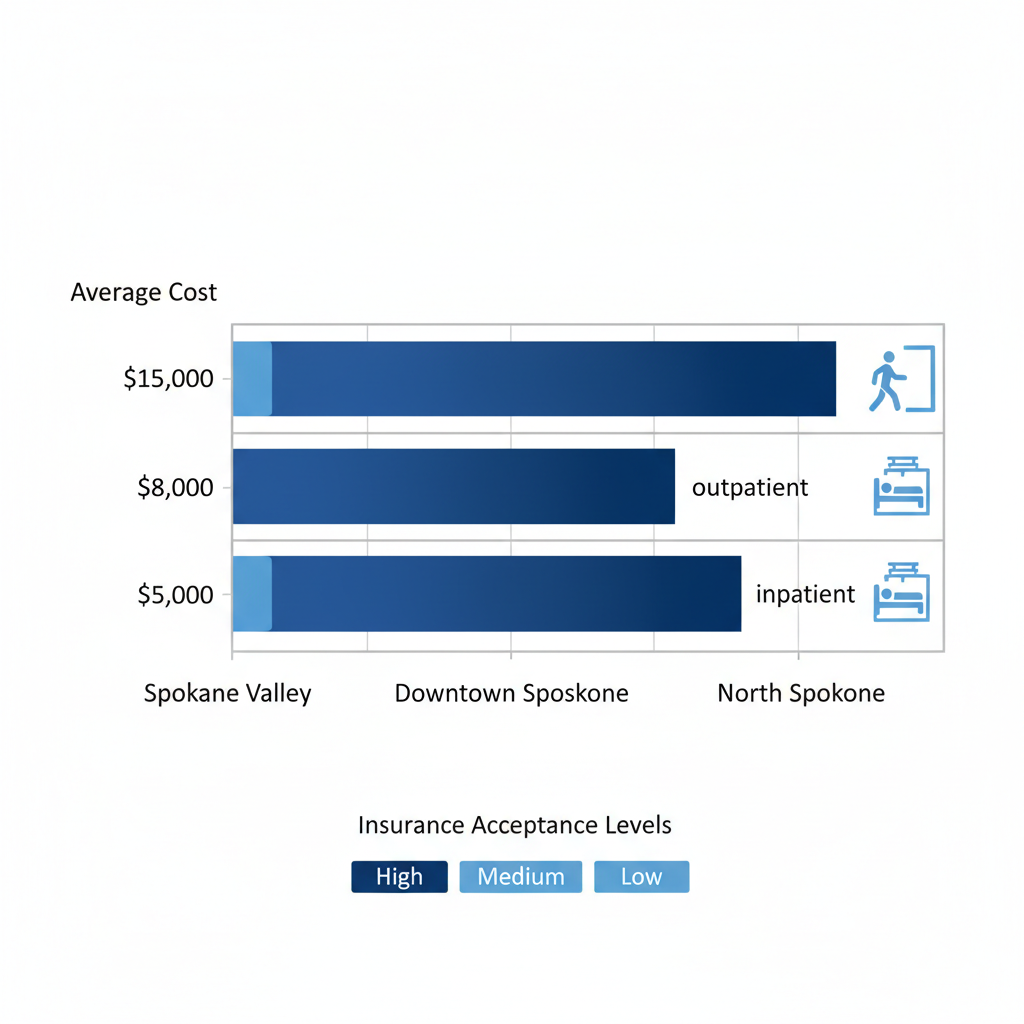 Horizontal bar chart comparing average rehab costs in Spokane Valley, Downtown Spokane, and North Spokane neighborhoods, with program type icons and insurance legend.