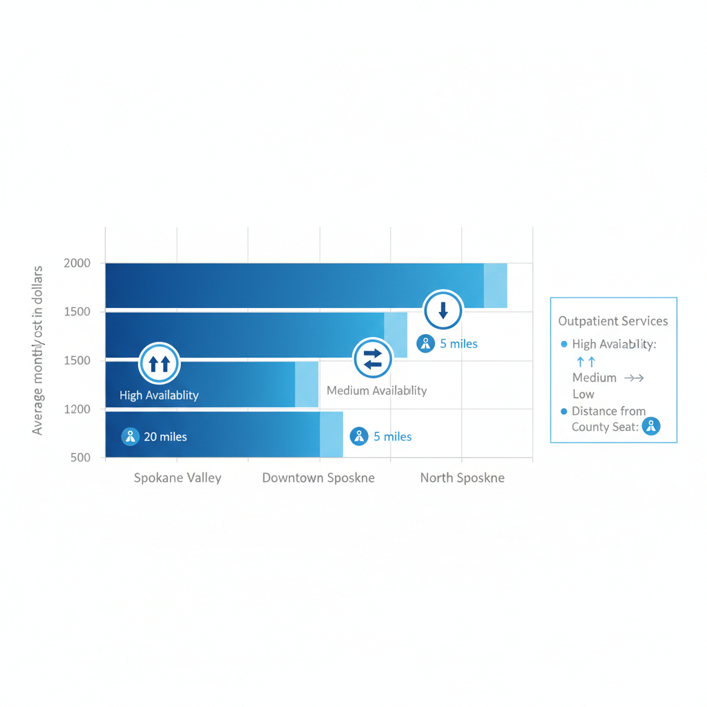 Bar chart comparing average monthly costs of alcohol rehab options in Spokane Valley, Downtown Spokane, and North Spokane, with availability icons and outpatient legend.