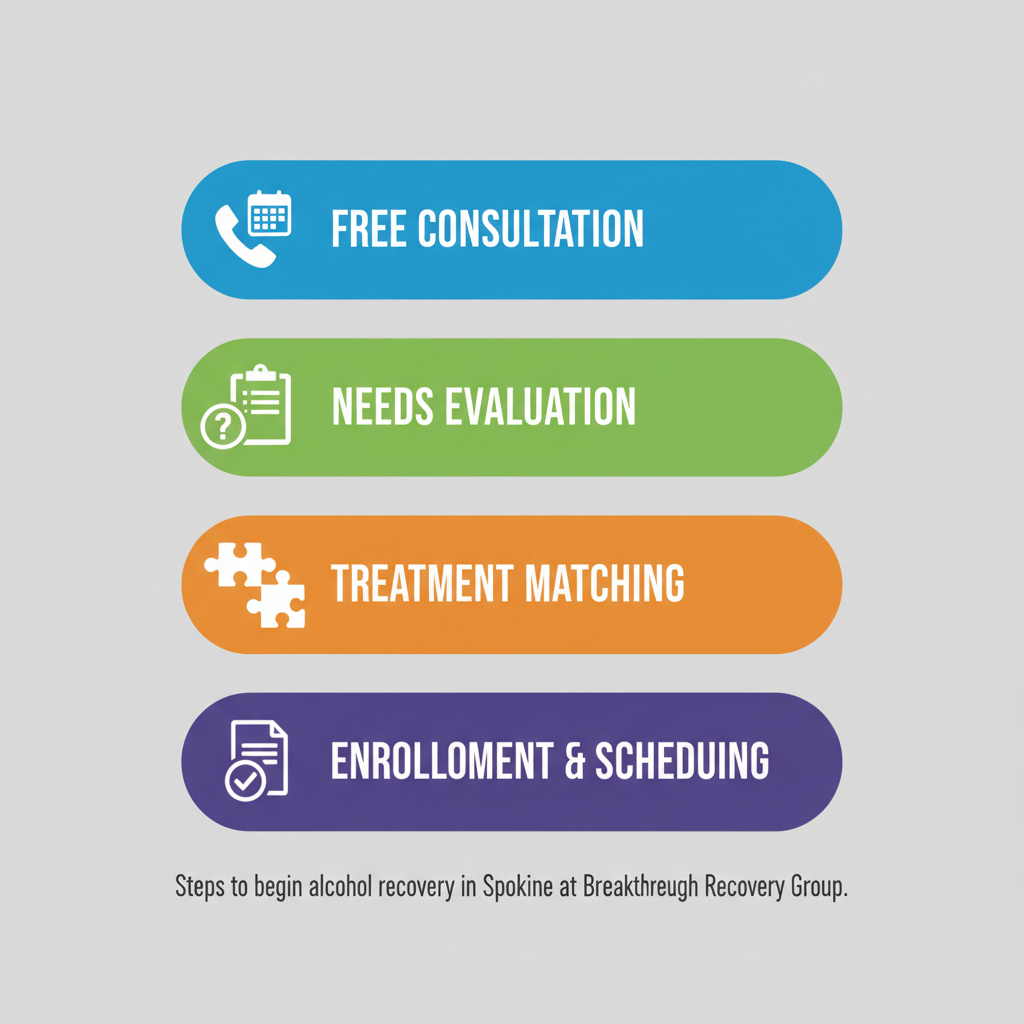 Vertical process flow diagram illustrating four key steps to start alcohol recovery: free consultation, needs evaluation, treatment matching, and enrollment with icons in colored boxes on a light gray background.