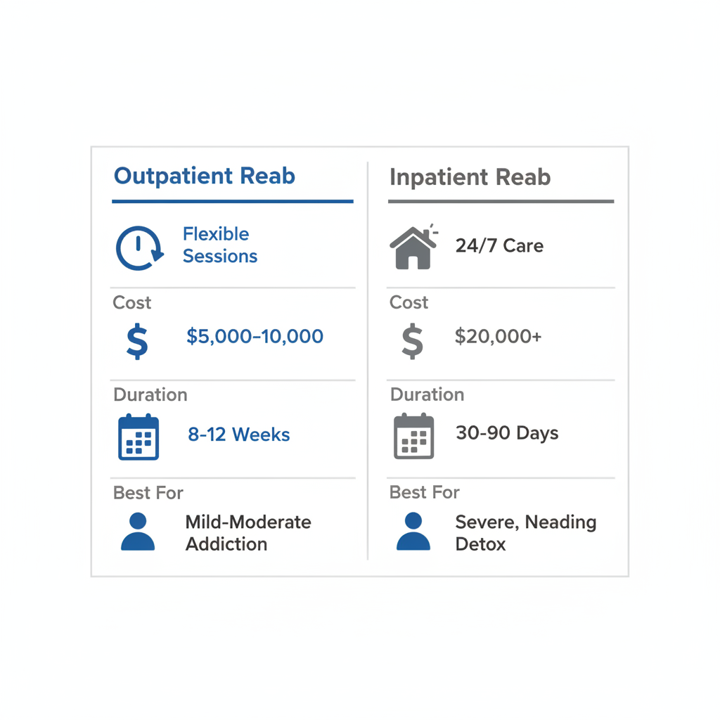 Infographic comparing outpatient and inpatient rehab options in Spokane Valley with structure, cost, duration, and suitability details.