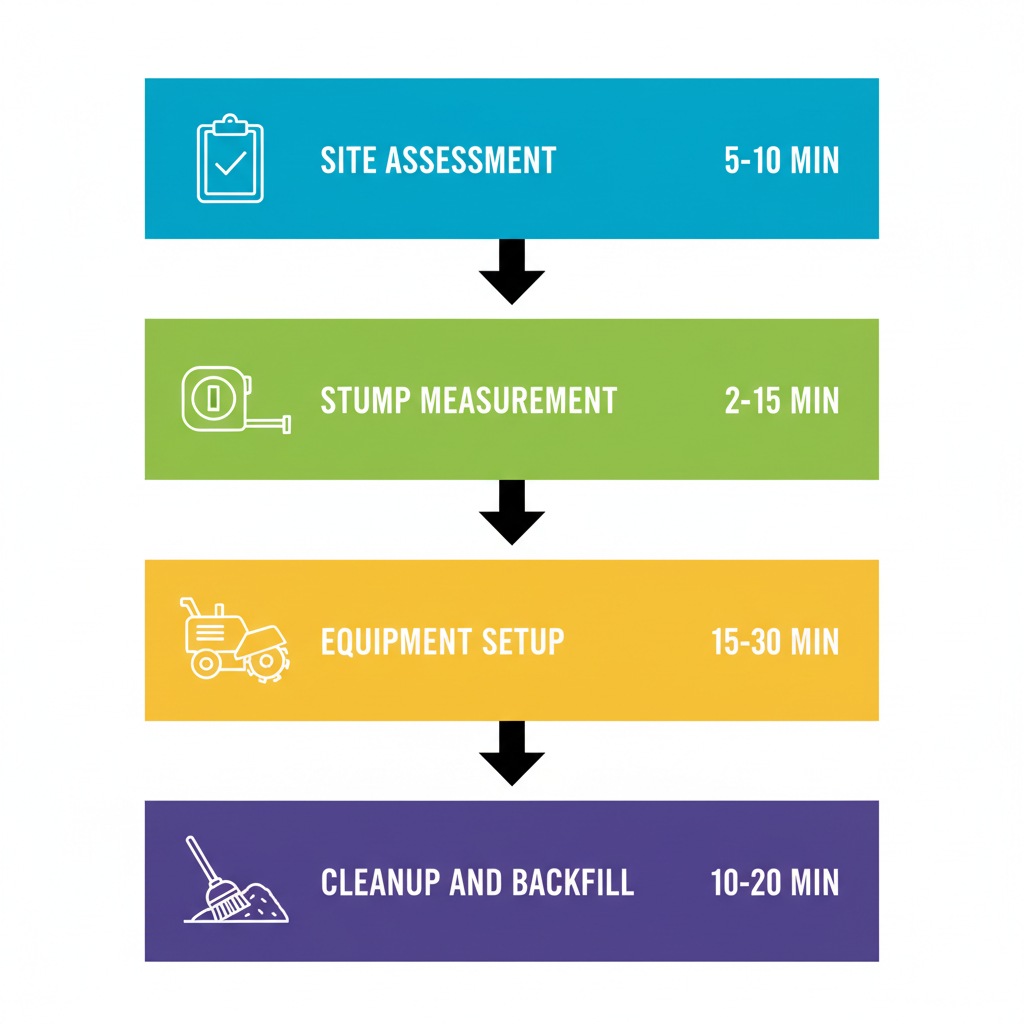 Vertical process flow diagram illustrating five steps of professional stump grinding with icons, labels, and time estimates