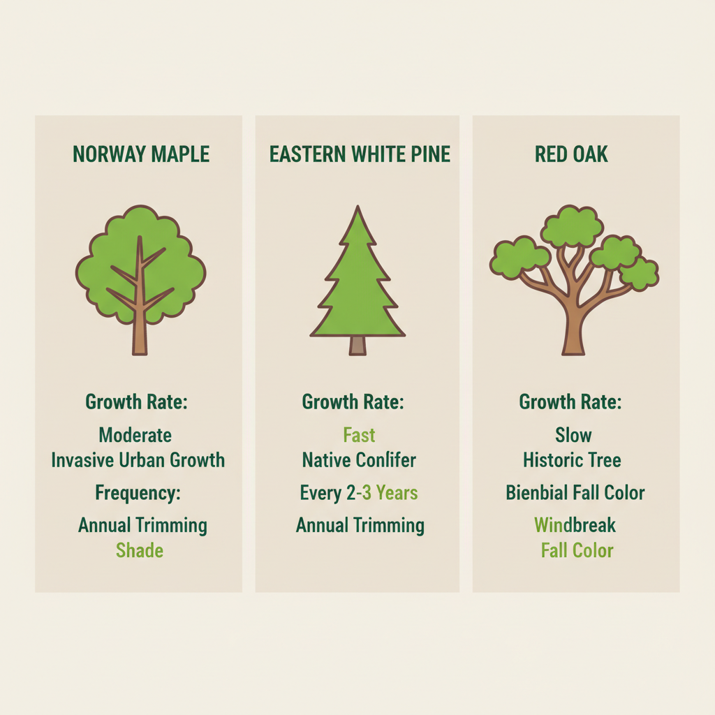 Infographic comparing maintenance of common tree species in Wilmington Delaware
