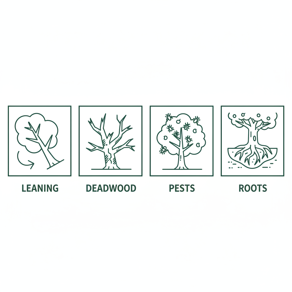 Icons depicting hazardous tree signs: leaning tree, deadwood, pests, and exposed roots for assessment.
