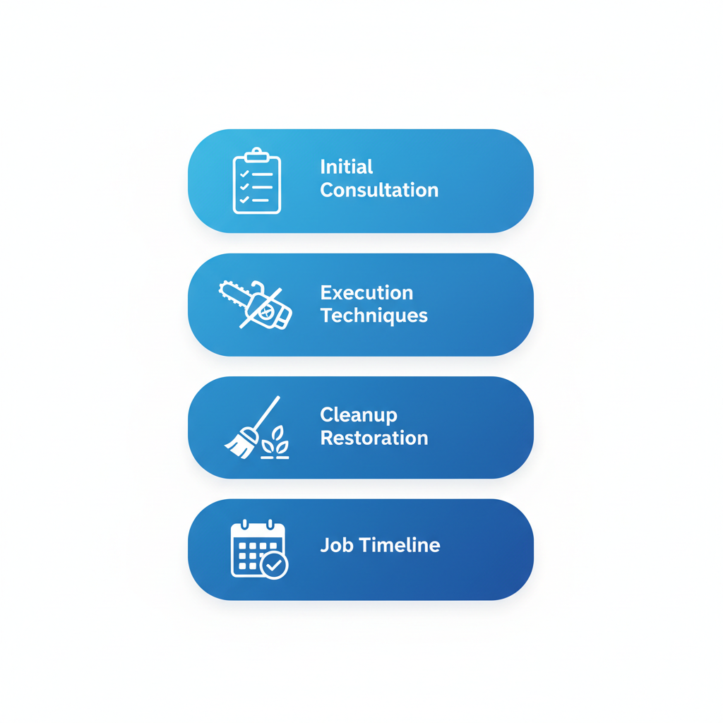 Vertical process flow diagram illustrating the four stages of professional tree removal service.