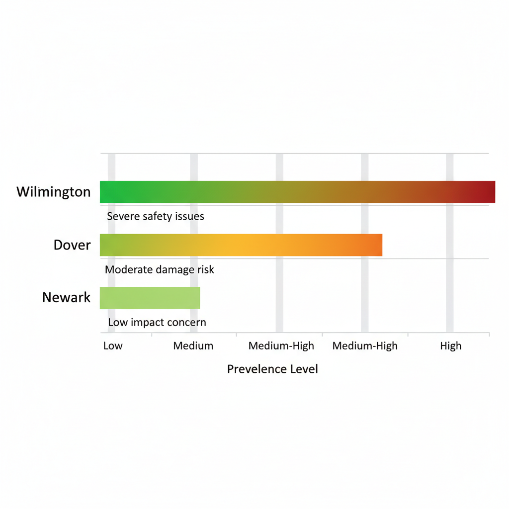 Horizontal bar chart comparing tree health risks and prevalence levels in Wilmington, Dover, and Newark areas of Delaware