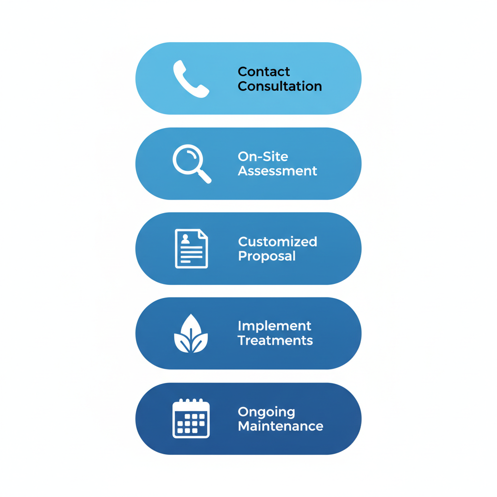 Vertical process flow diagram illustrating five steps to start plant health care with icons: phone, magnifying glass, document, leaf, and calendar.