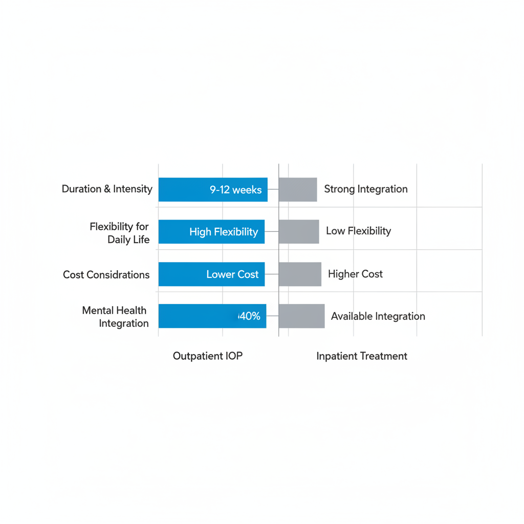 Horizontal bar chart comparing outpatient and inpatient drug treatment in Houston: duration, flexibility, cost, and mental health integration.