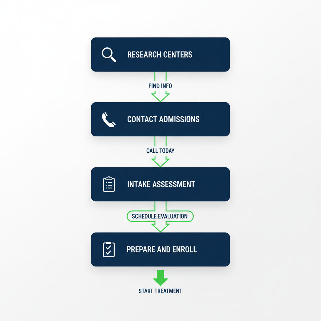 Vertical process flow diagram illustrating four steps to begin drug treatment in Houston: research centers, contact admissions, intake assessment, and prepare to enroll.