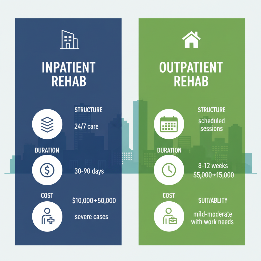 Infographic comparing inpatient and outpatient rehabilitation programs in Houston, showing differences in care structure, duration, cost, and suitability with icons and labels.