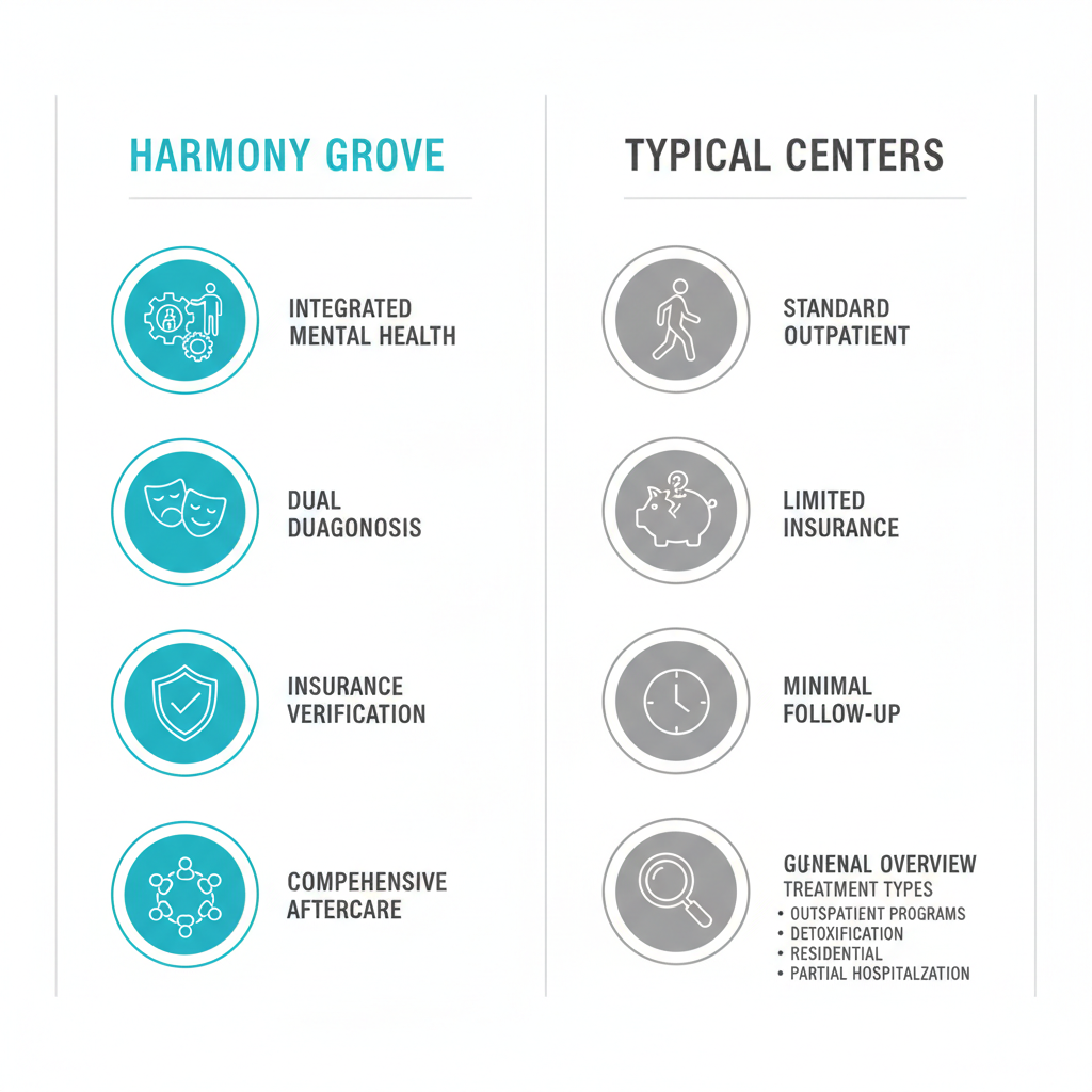 Infographic comparing Harmony Grove Behavioral Health to typical outpatient drug treatment centers in Houston with service icons and labels