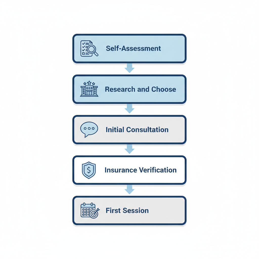 Vertical process flow diagram illustrating the five sequential steps to start drug treatment in Houston, including self-assessment, research, consultation, insurance verification, and goal setting with icons.