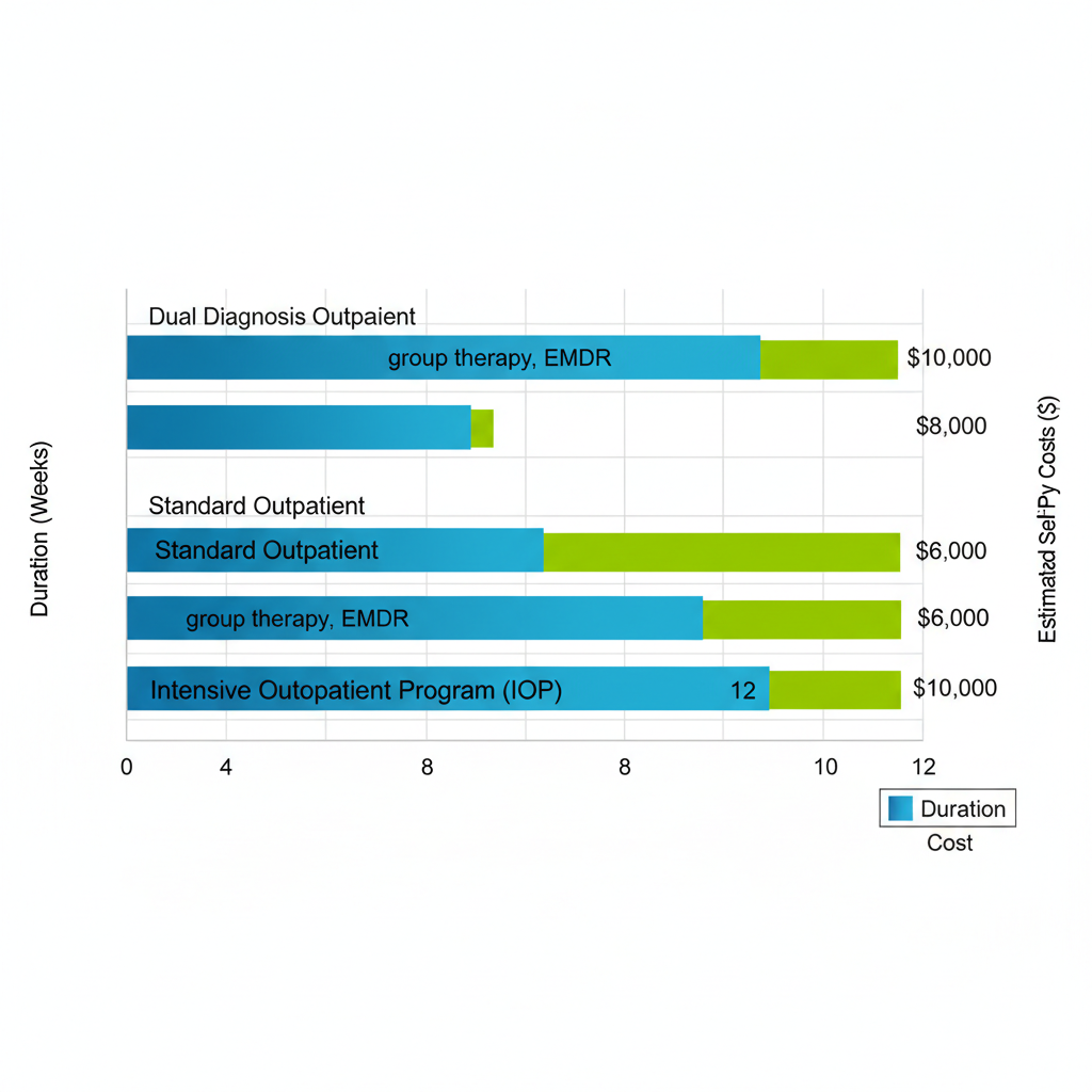Horizontal bar chart comparing IOP, Standard Outpatient, and Dual Diagnosis programs in Houston by duration and cost