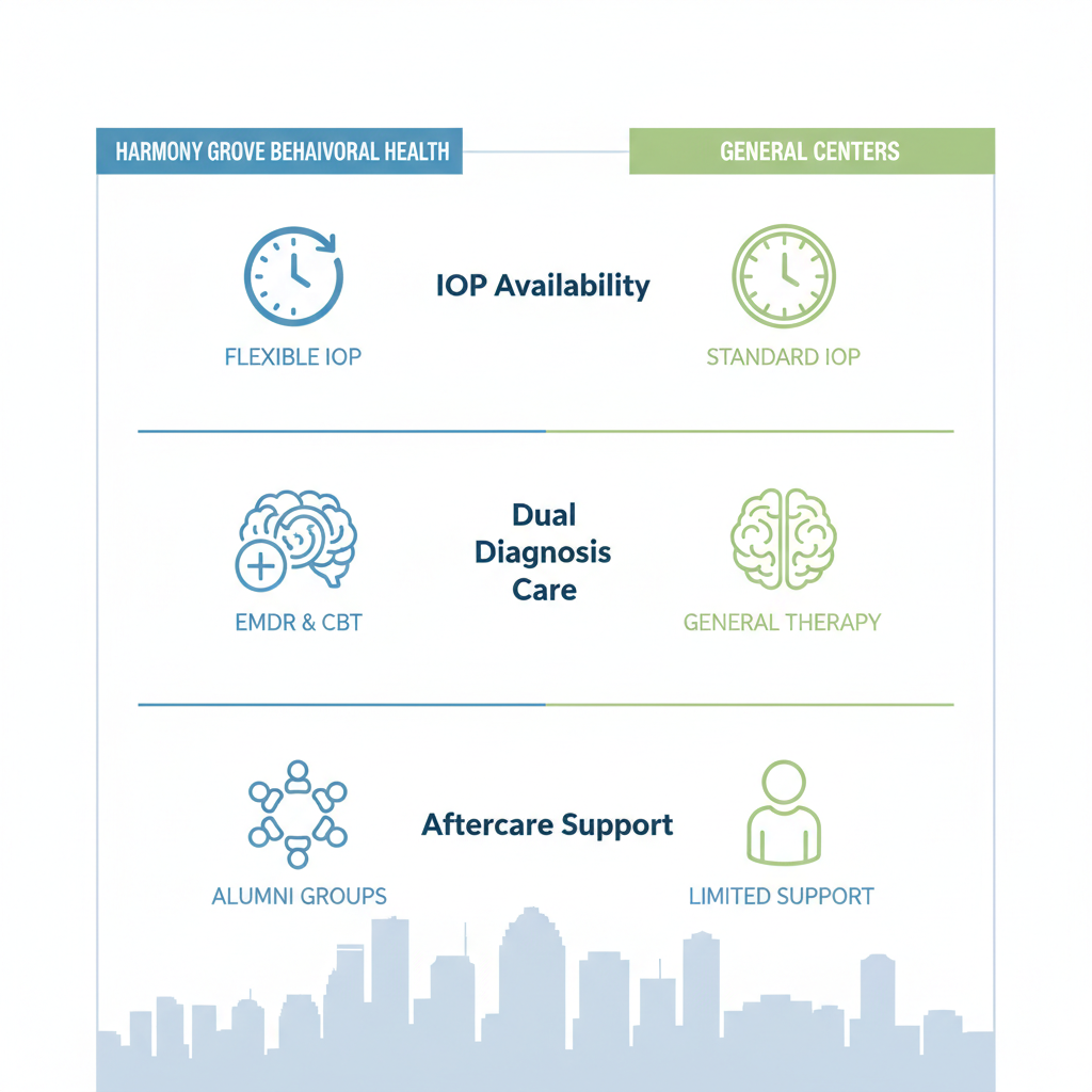 Infographic comparing Harmony Grove Behavioral Health features to general Houston outpatient centers, highlighting IOP, dual diagnosis, and aftercare.