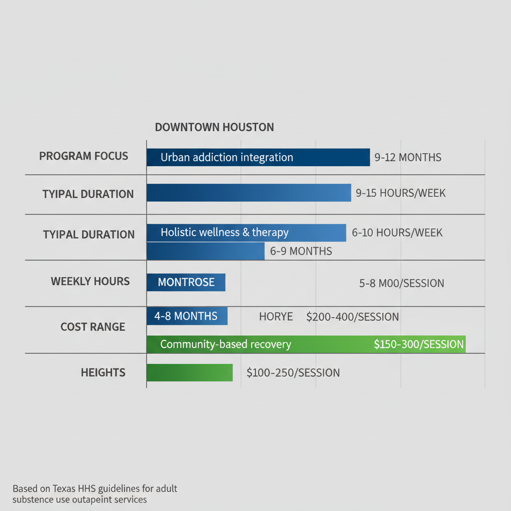 Horizontal bar chart comparing outpatient rehab program features across Houston neighborhoods including program focus, duration, hours, and costs.