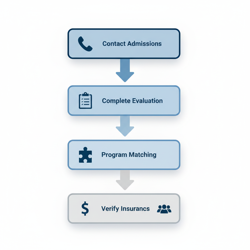 Vertical process flow diagram illustrating the steps to start outpatient rehab in Houston, including contact, evaluation, matching, insurance, and beginning sessions.