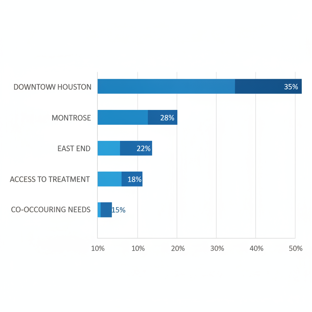 Horizontal bar chart comparing substance abuse prevalence rates in Houston areas: Downtown, Montrose, and East End, with data on outpatient access and mental health needs.