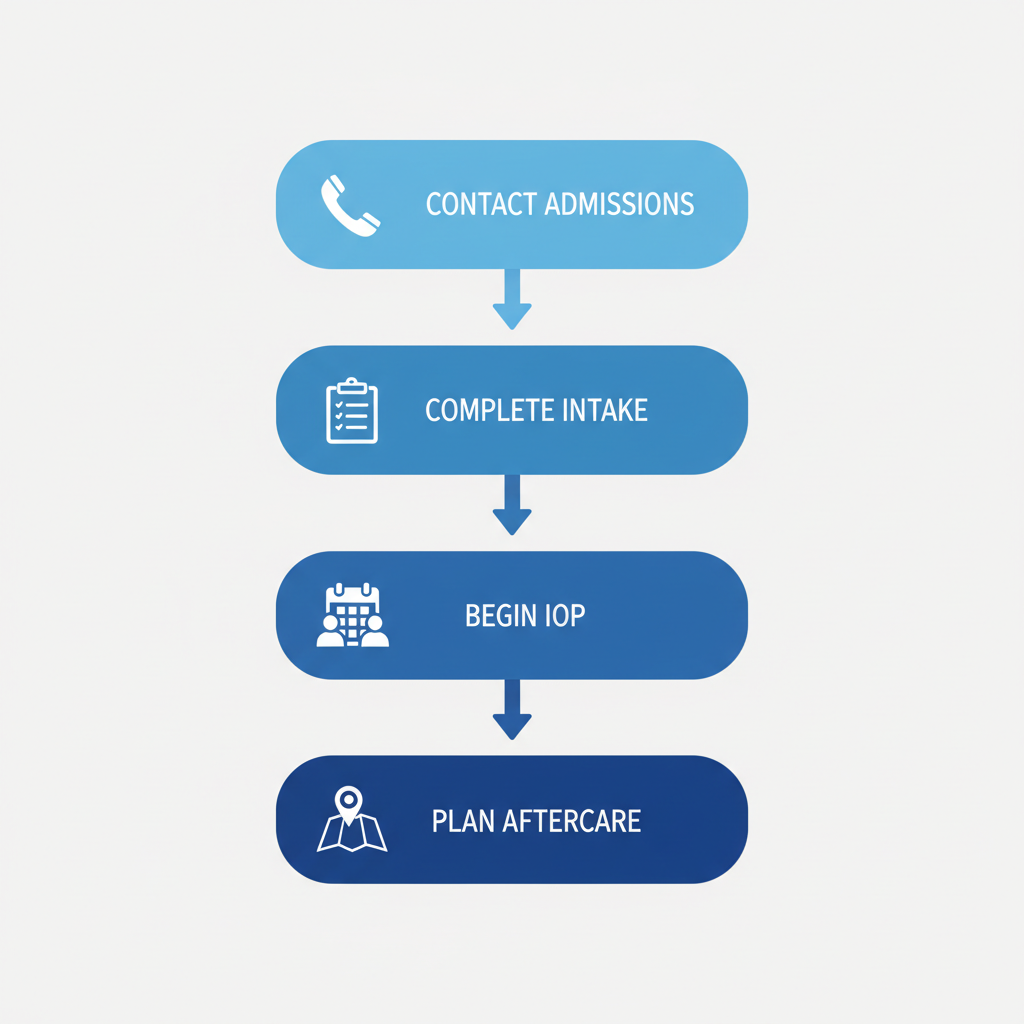 Vertical process flow illustrating five key steps to begin recovery: contact admissions, complete intake, begin IOP sessions, integrate family counseling, and plan aftercare with icons.