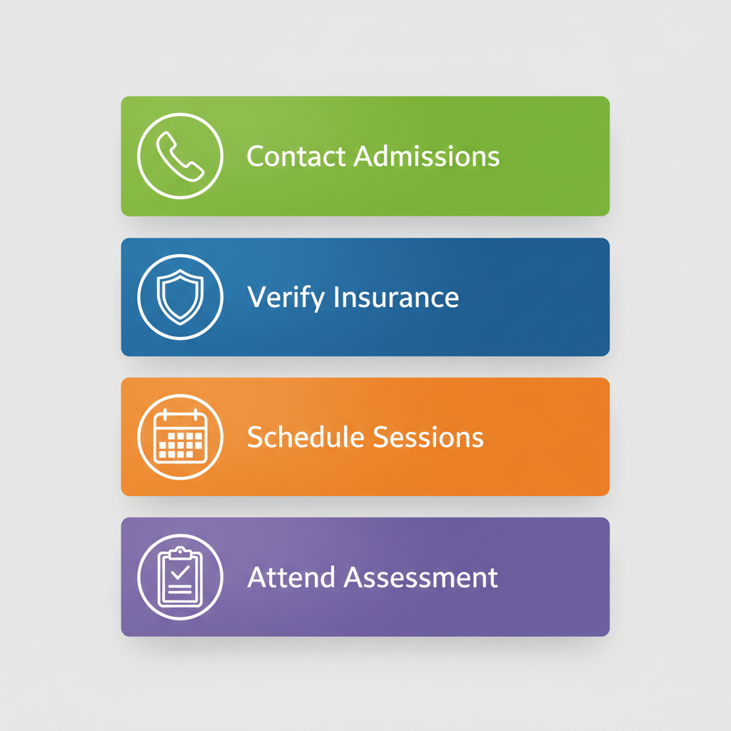 Vertical process flow diagram showing four steps for enrolling in drug treatment: contact admissions with phone icon, verify insurance with shield icon, schedule sessions with calendar icon, and attend initial assessment with clipboard icon.