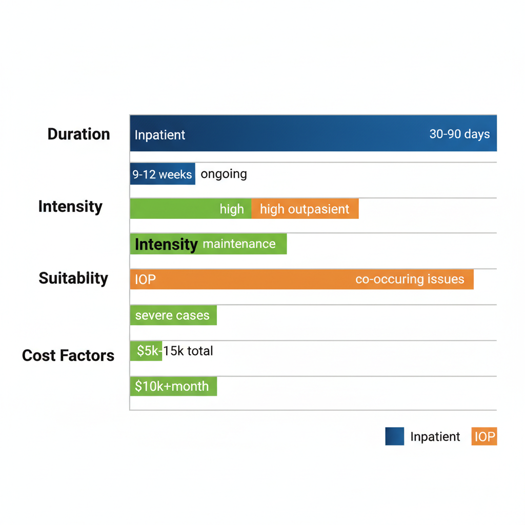 Horizontal bar chart comparing Inpatient, Outpatient, and IOP rehab programs in Houston by duration, intensity, suitability, and cost factors