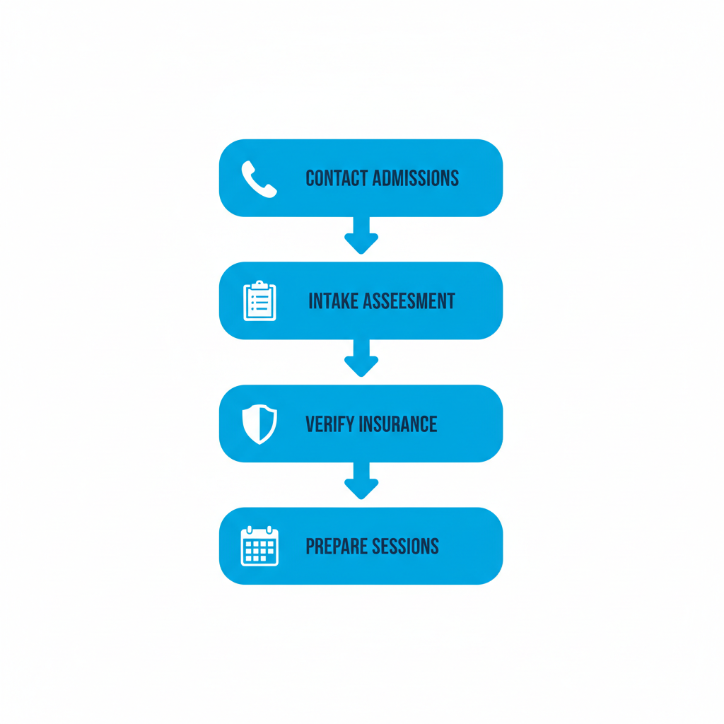 Vertical process flow diagram illustrating four steps to begin rehab at Harmony Grove in Houston: contacting admissions, completing intake, verifying insurance, and preparing for sessions.