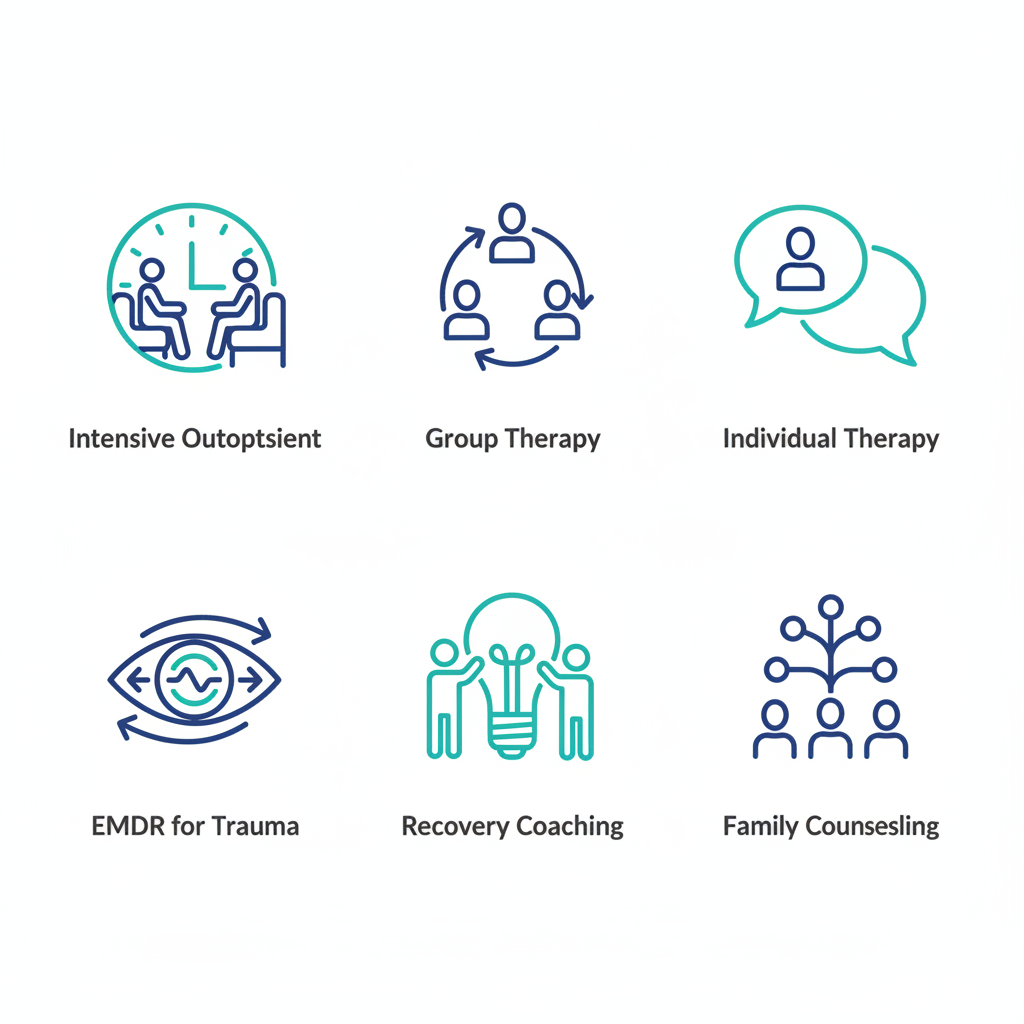 Grid of six icons depicting key services: intensive outpatient program, group therapy, individual therapy, EMDR for trauma, recovery coaching, and family counseling.