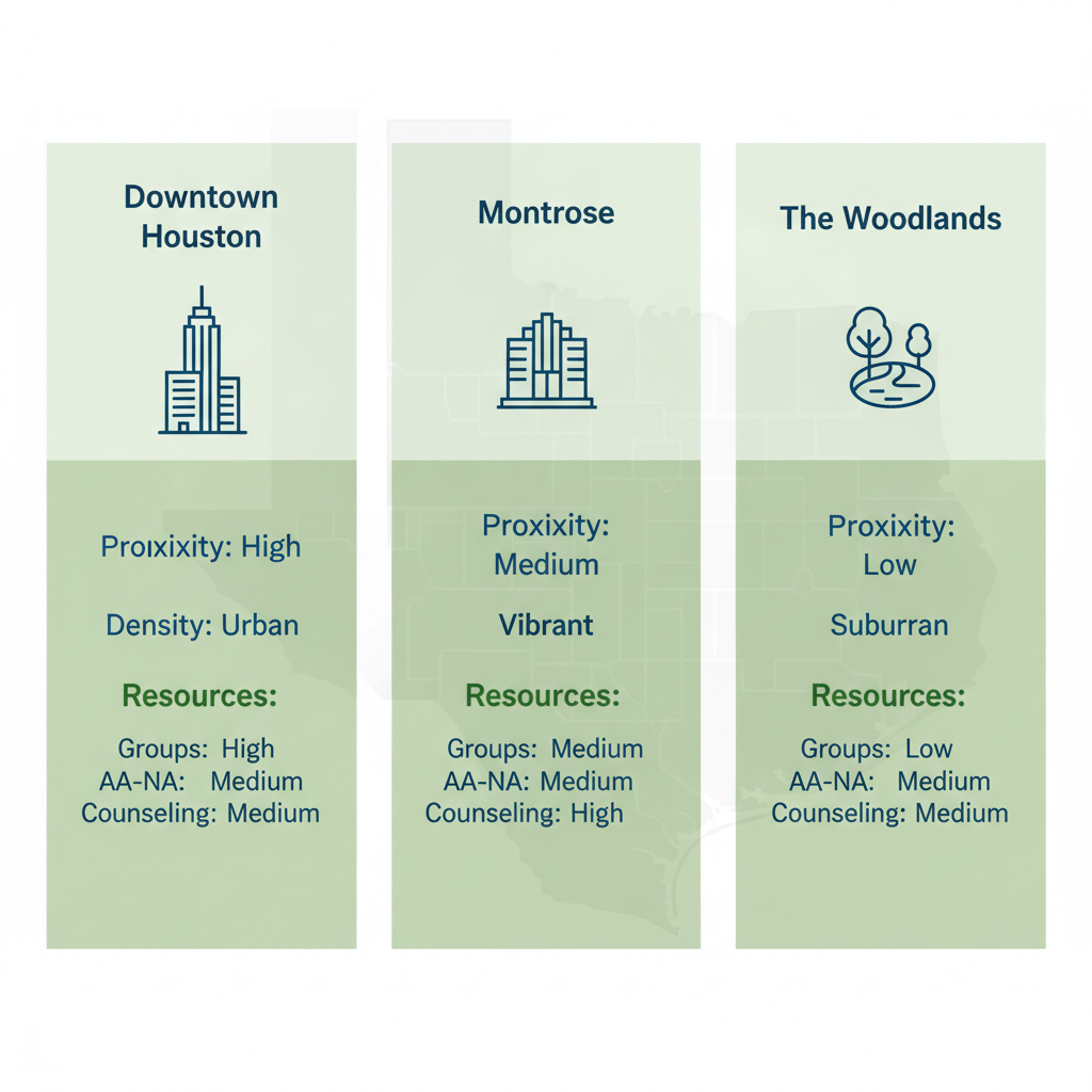 Infographic comparing Downtown Houston, Montrose, and The Woodlands for addiction recovery proximity, density, and resources