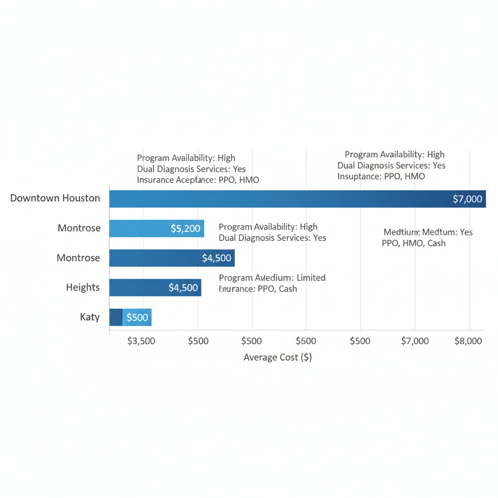 Horizontal bar chart comparing outpatient treatment costs across Houston neighborhoods with data on program availability and services