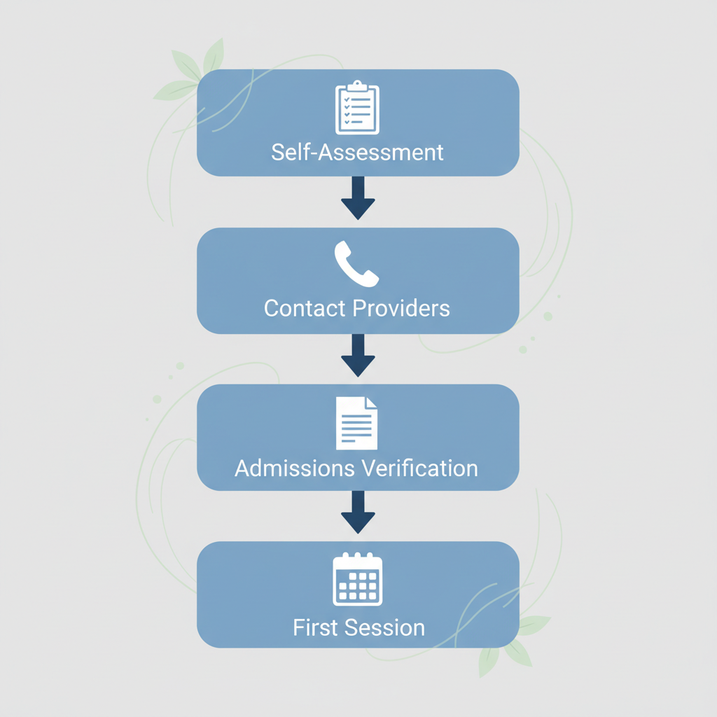 Vertical process flow diagram illustrating four key steps to begin recovery: self-assessment, contact providers, admissions verification, and first session at Harmony Grove in Houston.