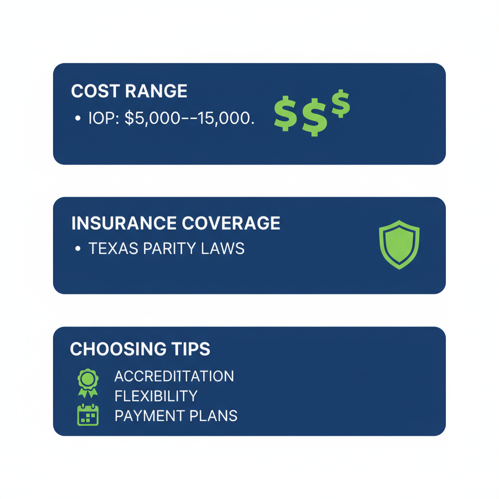 Infographic showing key local factors for drug rehab in Houston including costs, insurance, and selection tips