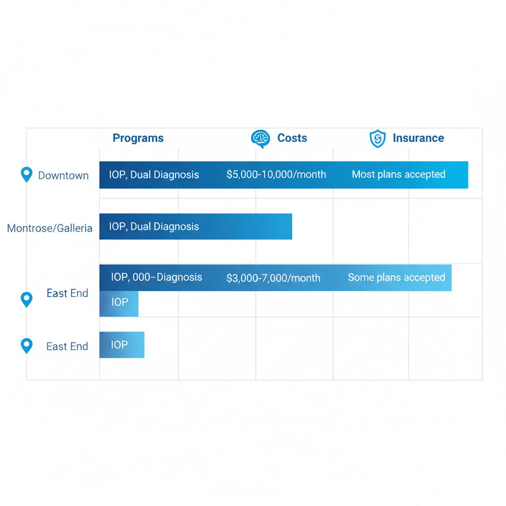Horizontal bar chart comparing rehab services across Houston neighborhoods including programs, costs, and insurance details with icons for accessibility.