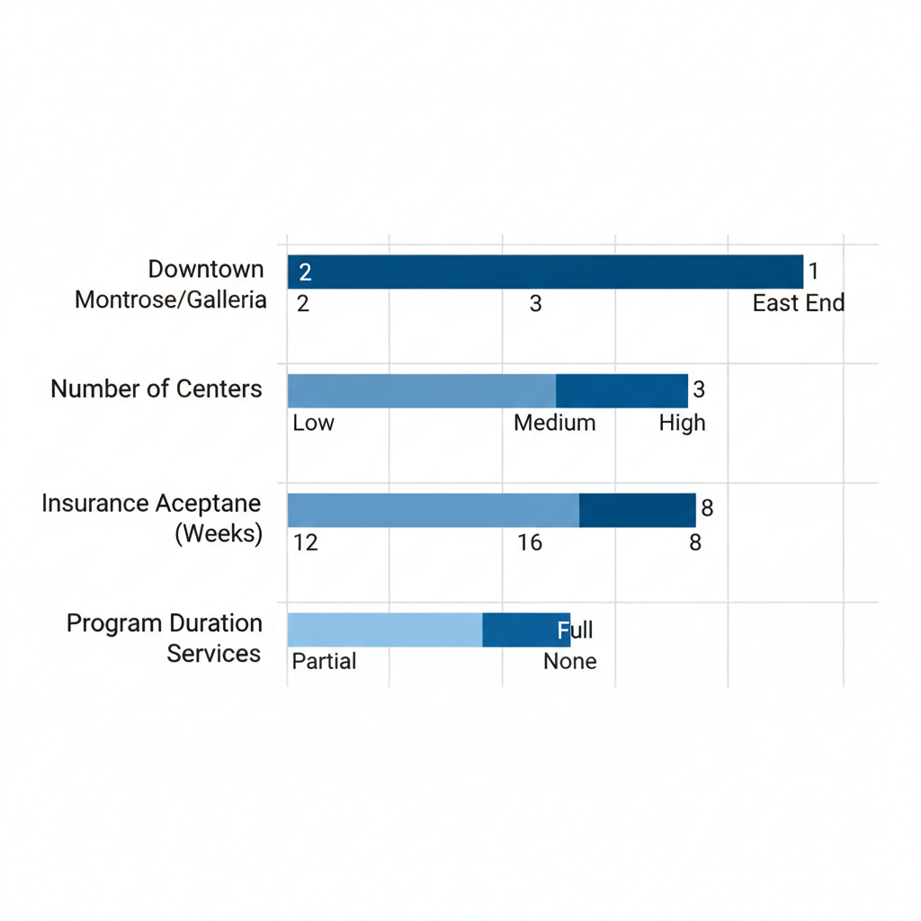 Horizontal bar chart comparing addiction treatment access across Houston neighborhoods including metrics on centers, insurance, duration, and services