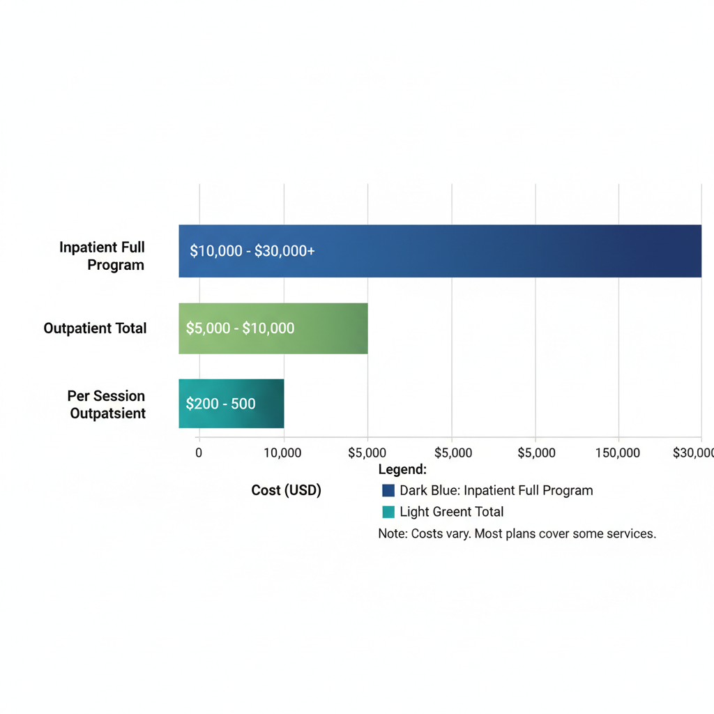 Horizontal bar chart showing typical rehab costs in Houston, Texas, with categories for inpatient and outpatient programs and per-session fees, including insurance note.