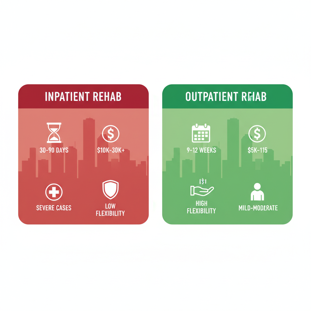 Infographic comparing inpatient and outpatient addiction treatment options in Houston, Texas, highlighting duration, cost, flexibility, and suitability.