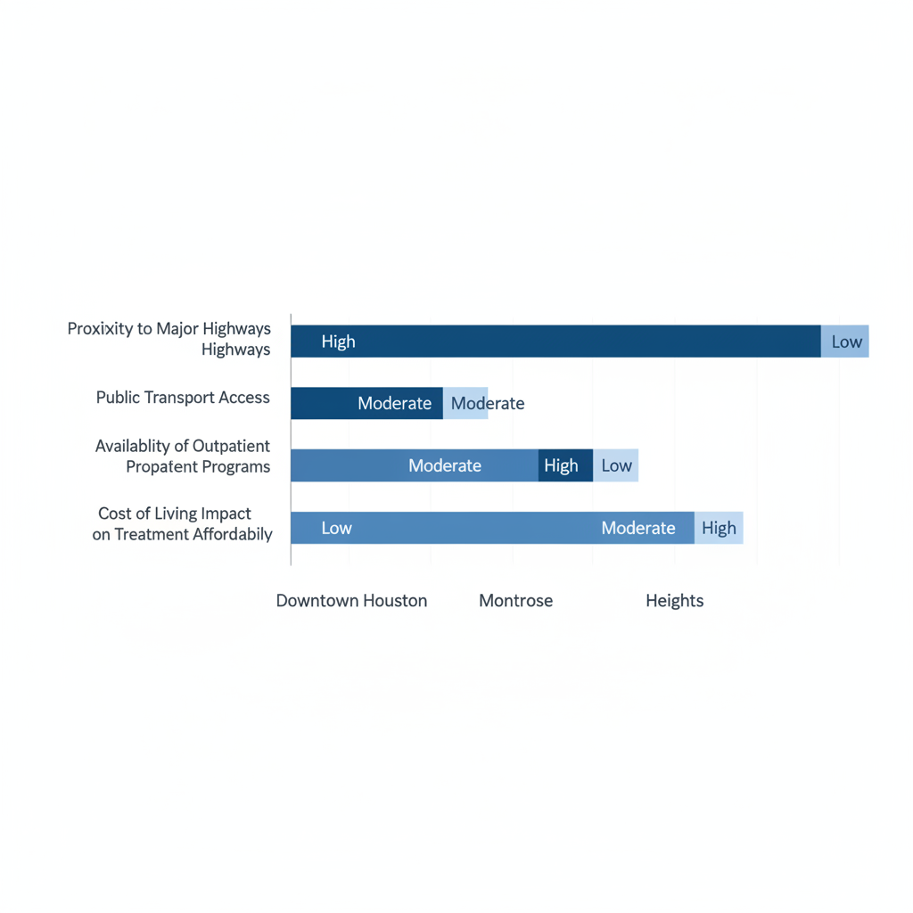 Horizontal bar chart comparing rehab access criteria ratings across Houston neighborhoods including Downtown, Montrose, and Heights