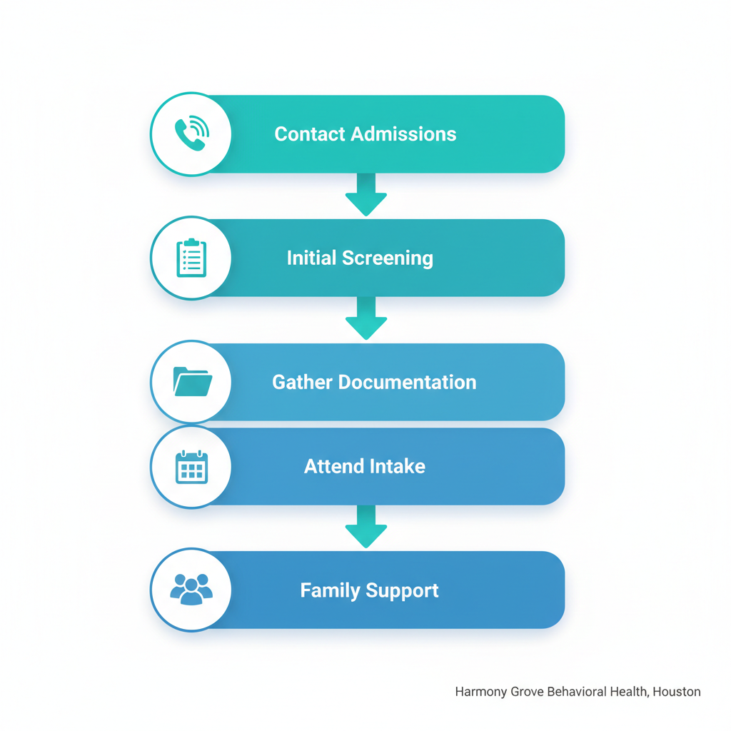 Vertical process flow diagram illustrating five steps to begin recovery journey in Houston outpatient rehab: contact admissions, initial screening, gather documentation, attend intake session, and prepare with family support.
