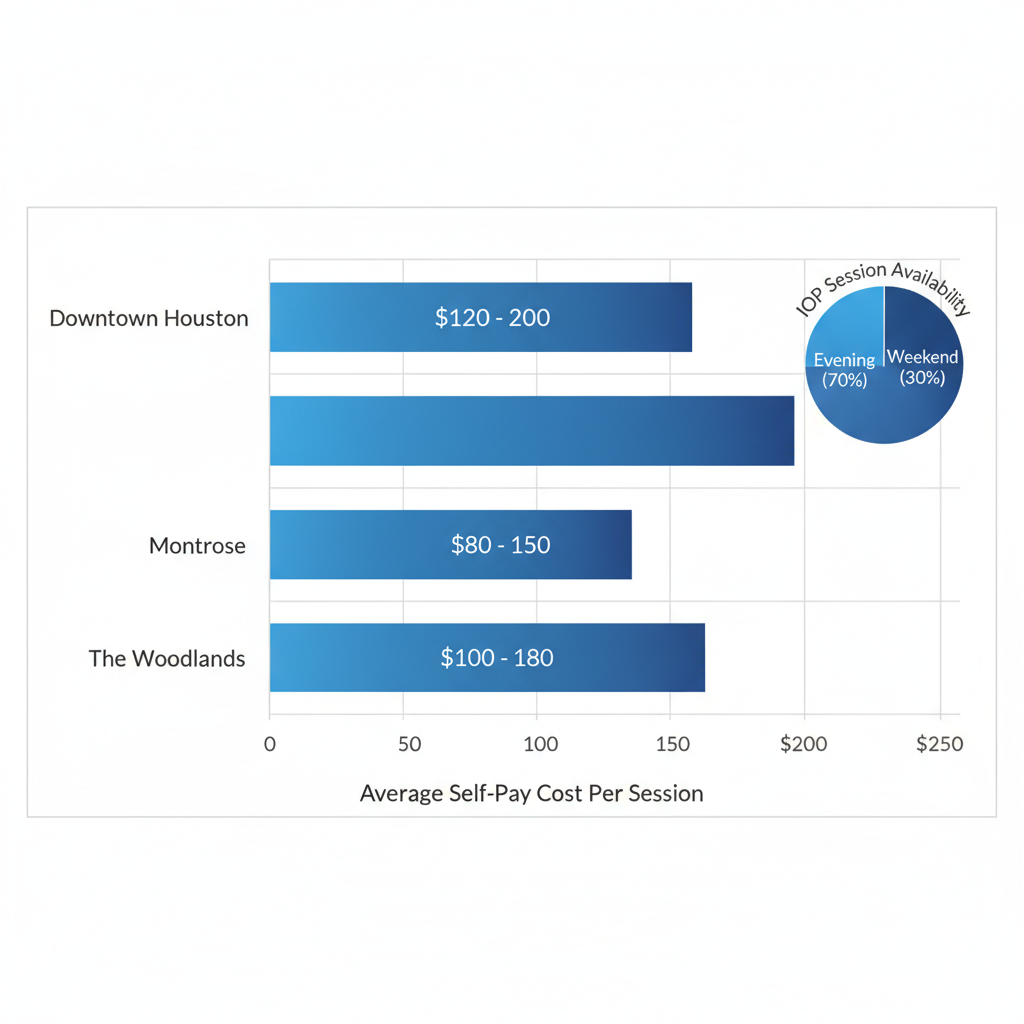 Horizontal bar chart comparing self-pay costs for outpatient rehab in Houston neighborhoods, with inset pie chart for IOP availability