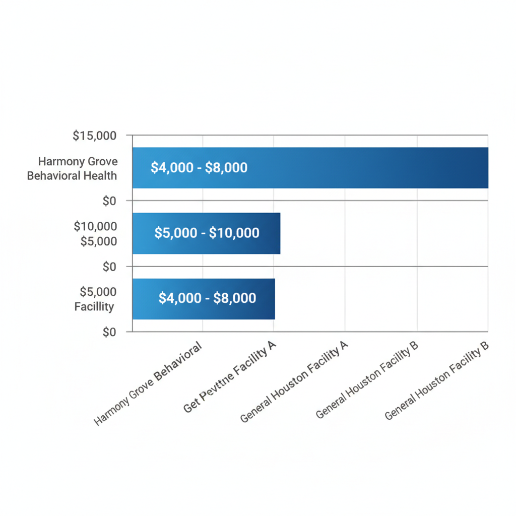 Horizontal bar chart comparing average cost ranges of rehab services at Houston facilities including Harmony Grove Behavioral Health.