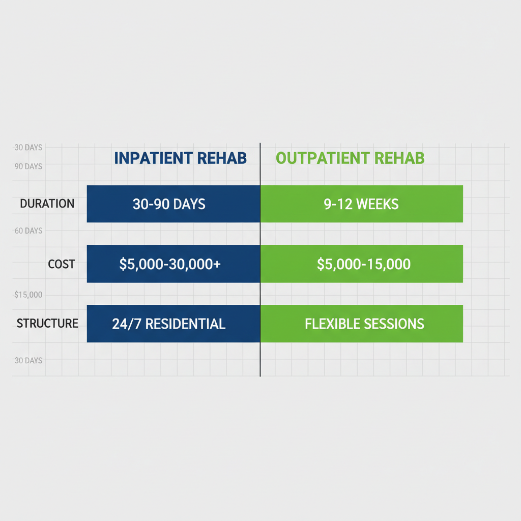 Horizontal bar chart comparing inpatient and outpatient rehab in Houston by duration, cost, and structure with blue for inpatient and green for outpatient.