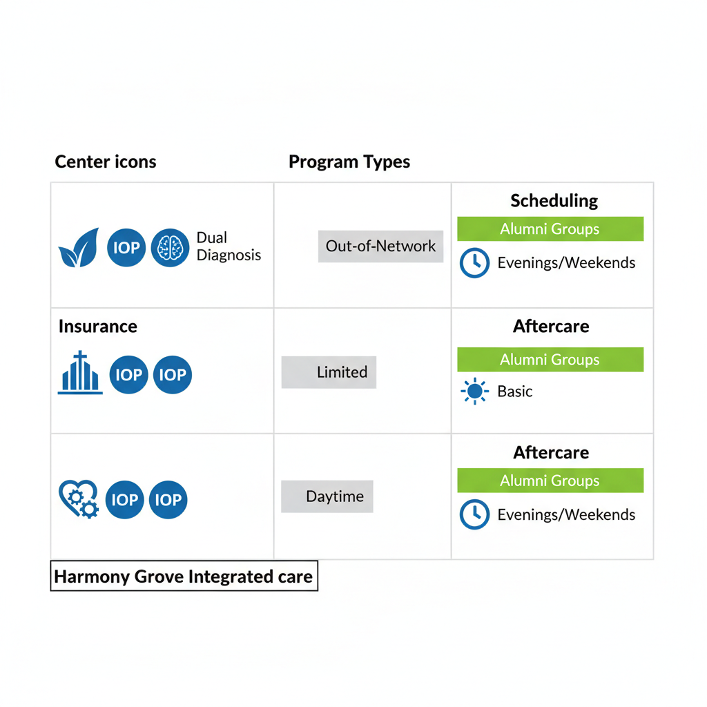 Infographic table comparing key features of Harmony Grove Behavioral Health and other Houston outpatient rehab centers including programs, insurance, aftercare, and scheduling flexibility.