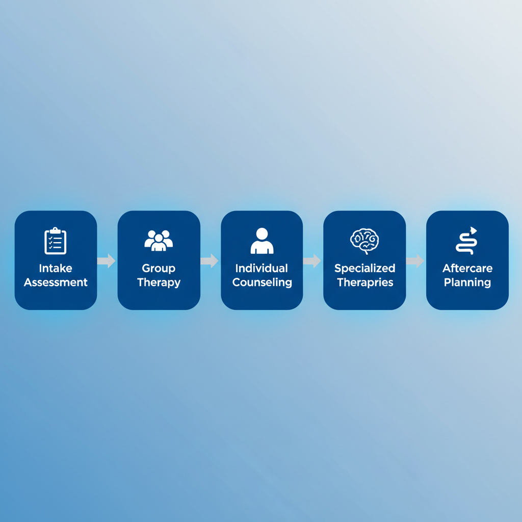 Horizontal process flow diagram showing the five stages of an Intensive Outpatient Program including intake, therapy sessions, counseling, specialized treatments, and aftercare planning with relevant icons.