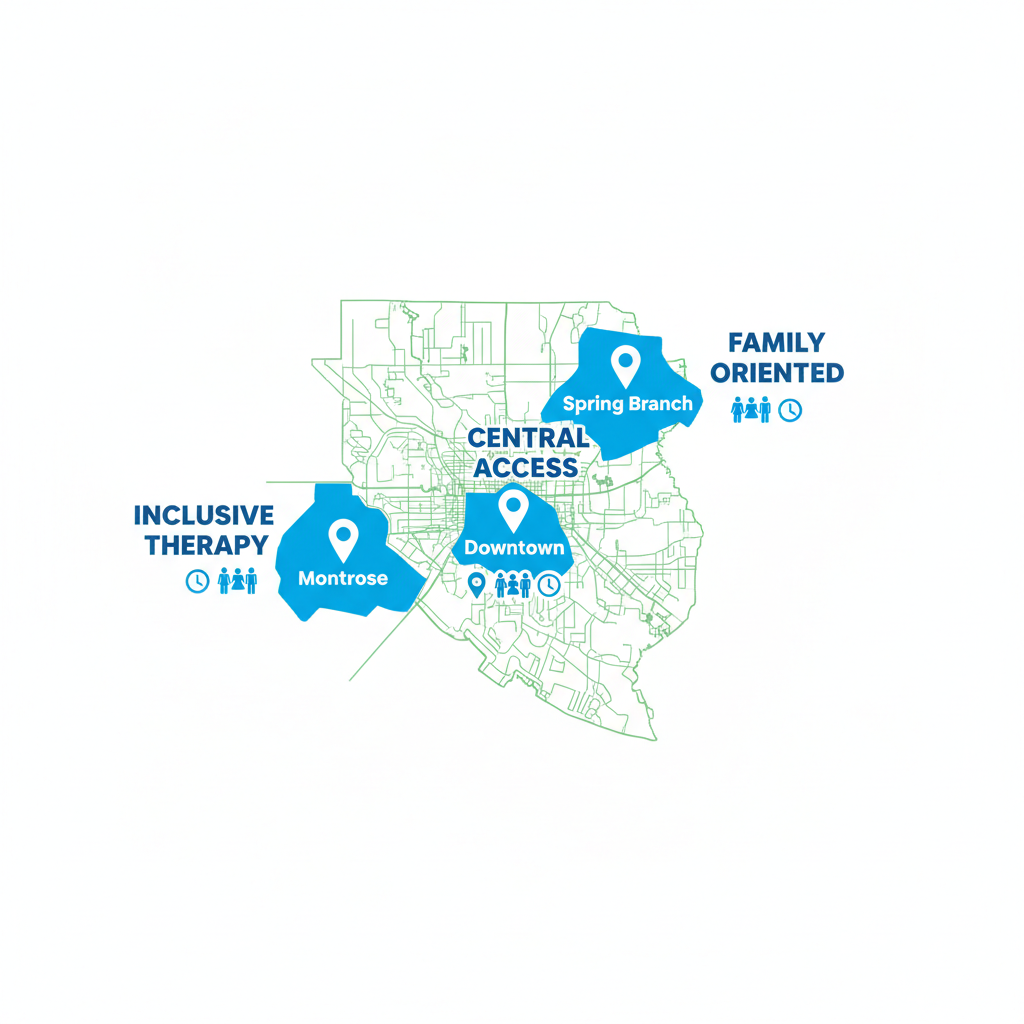 Infographic comparing addiction treatment neighborhoods in Houston: Downtown, Montrose, and Spring Branch with icons for location, diversity, and scheduling.