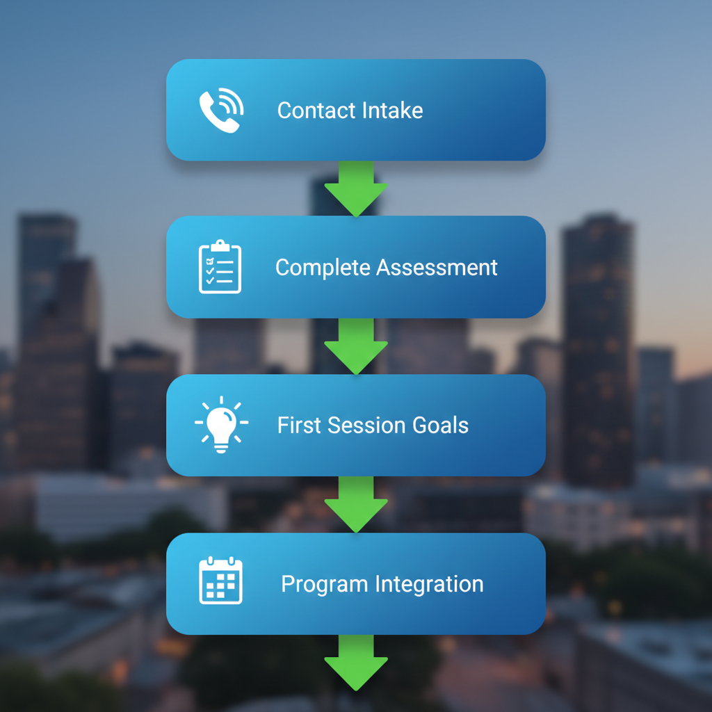 Vertical process flow diagram illustrating five key stages of starting addiction recovery at Harmony Grove Behavioral Health in Houston: contact for intake, complete assessment, attend first session and set goals, begin program integration, and develop aftercare plan, connected by green arrows with relevant icons.