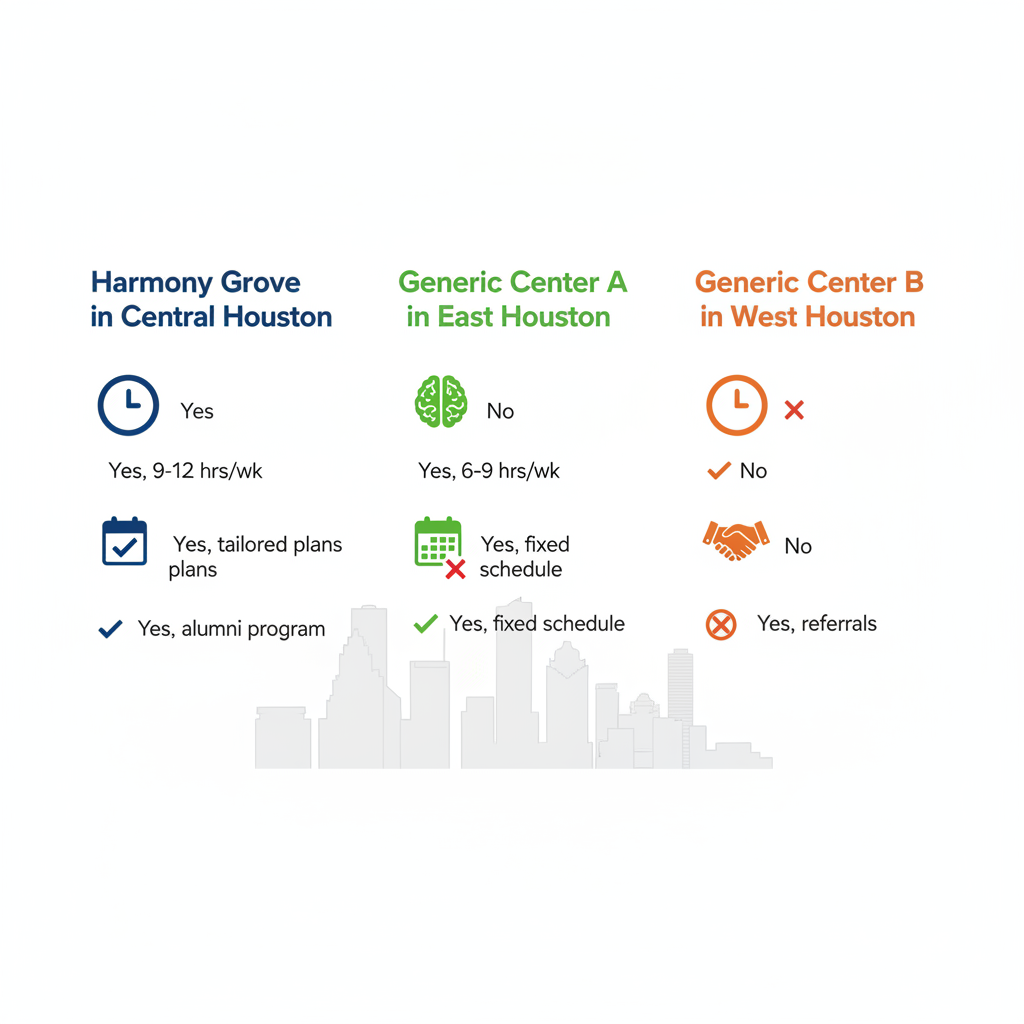 Infographic comparing rehab services at Harmony Grove and other Houston centers