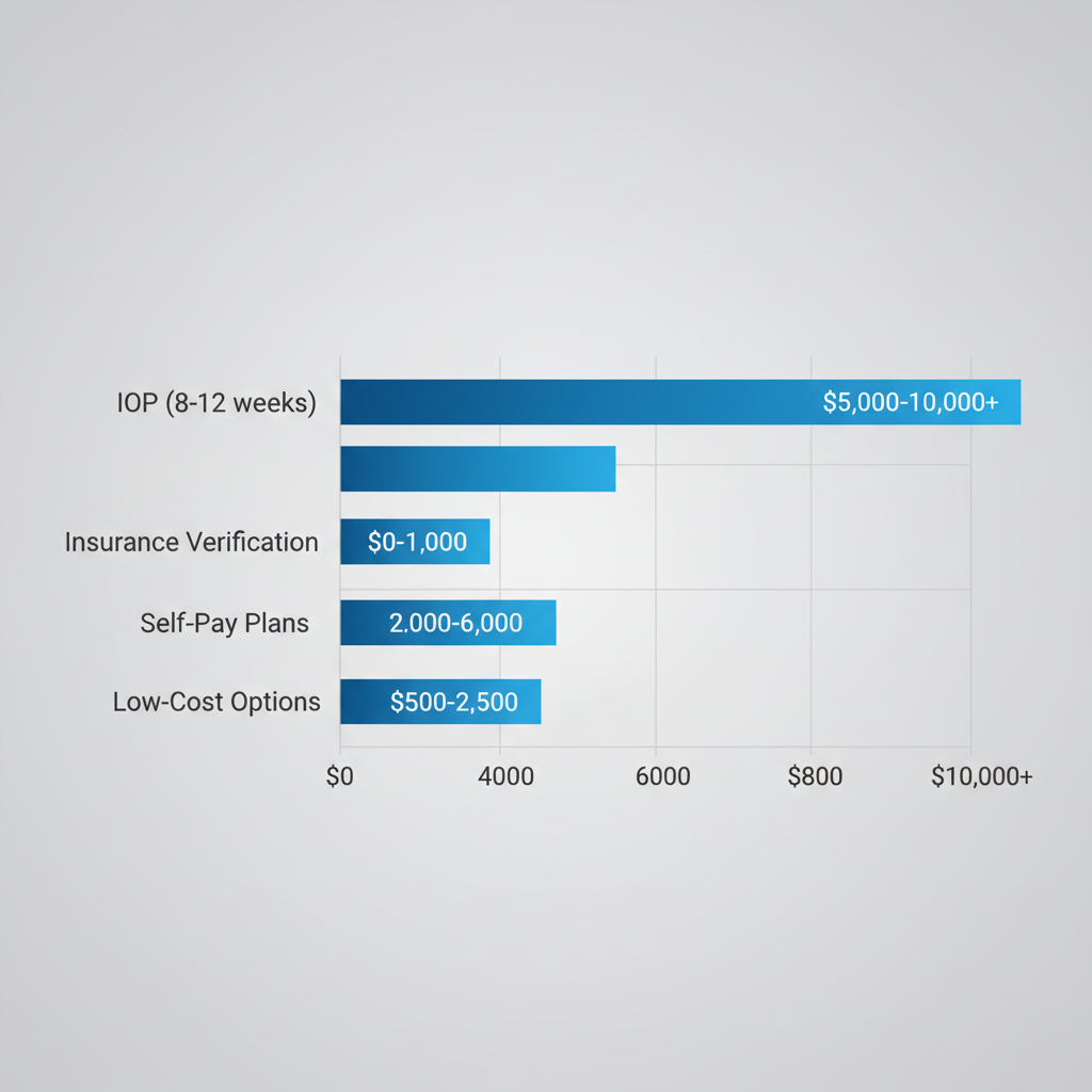 Horizontal bar chart showing cost ranges for Houston rehab options including IOP, insurance verification, self-pay plans, and low-cost programs.
