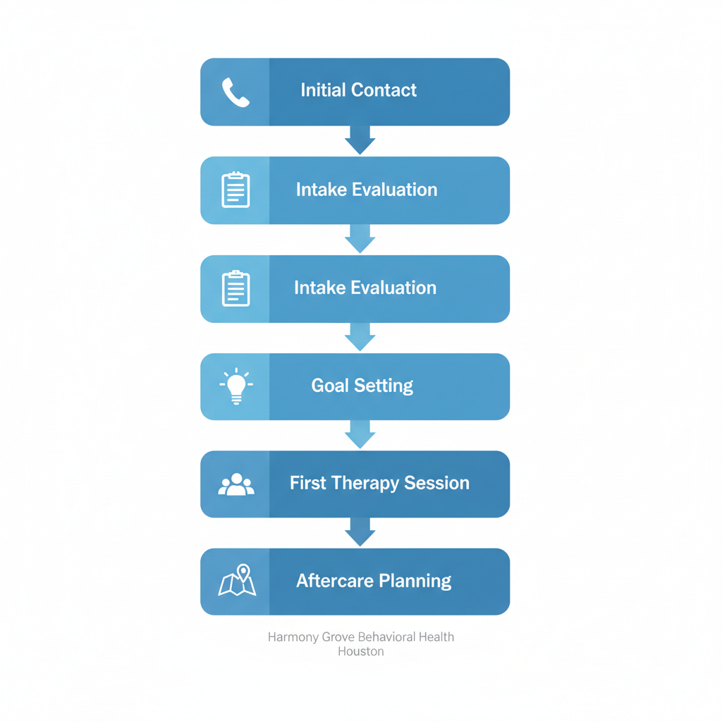 Vertical process flow diagram showing five steps to start drug treatment: initial contact, intake evaluation, goal setting, first therapy session, and aftercare planning with relevant icons and connecting arrows.