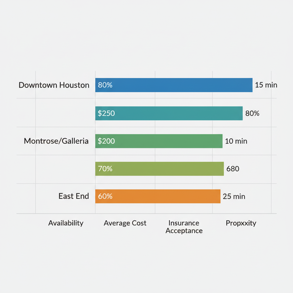 Horizontal bar chart comparing outpatient drug treatment availability, cost, insurance, and proximity in Houston areas