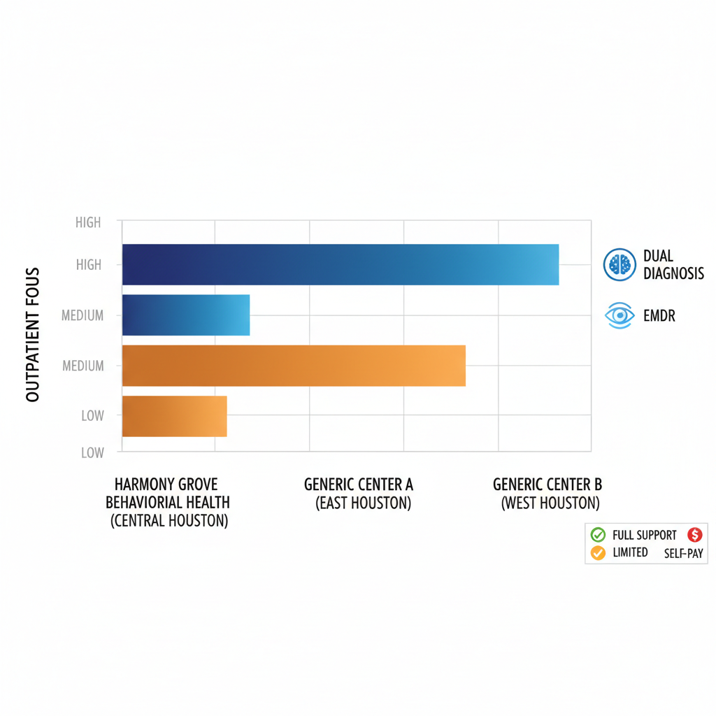 Horizontal bar chart comparing outpatient rehab focus and insurance options for Houston centers