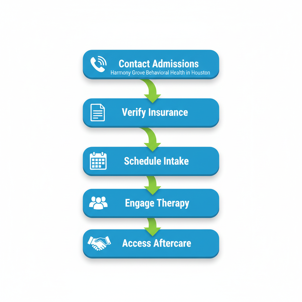 Vertical process flow diagram showing five steps to begin recovery: contact admissions, verify insurance, schedule intake, engage in therapy, and access aftercare with icons and green arrows.