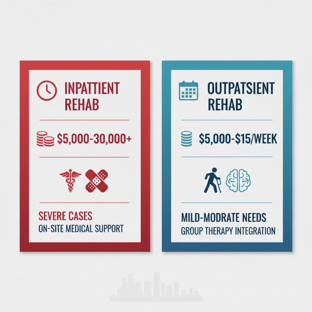 Infographic comparing inpatient and outpatient rehab options in Houston with cost, duration, and suitability details.